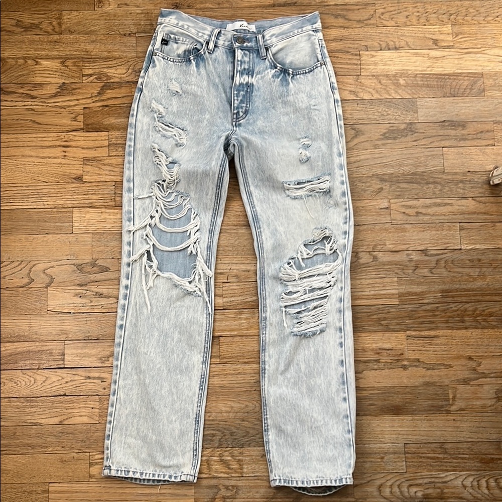 KanCan Women’s Distressed Acid Wash Straight Leg Denim Jeans